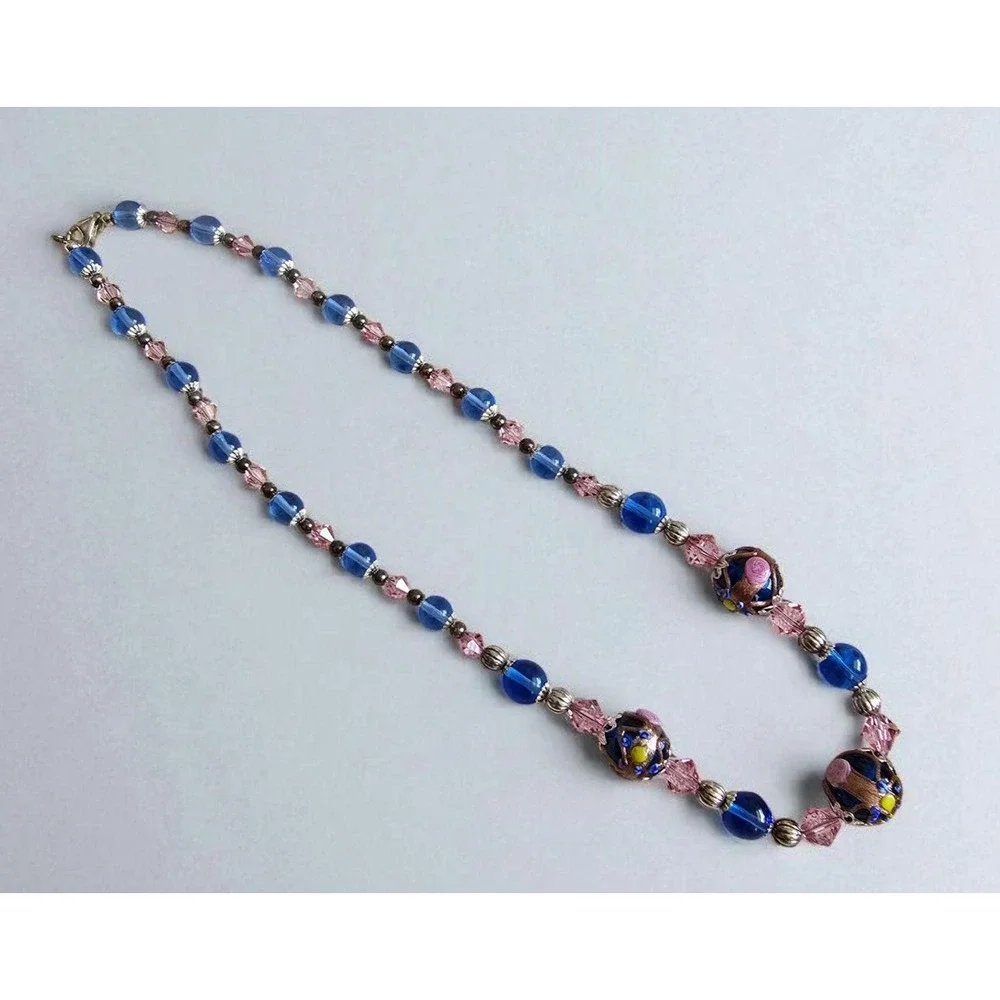 Murano Glass Wedding Cake Bead Necklace Sterling 925 Blue Pink Venetian Lampwork